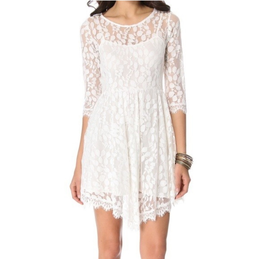 Free People Dress Womens 0 White Eyelash Lace Fit & Flare Hi-low Hem Lined Boho